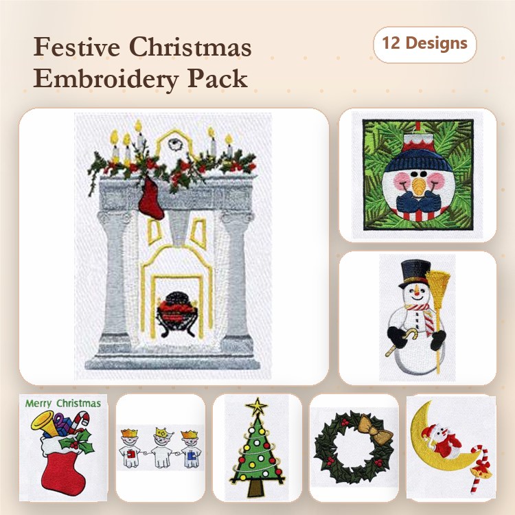 Christmas Decorations Embroidery Designs Bundle – Cozy Fireplace, Jolly Snowman, Christmas Tree & More (12 Designs)