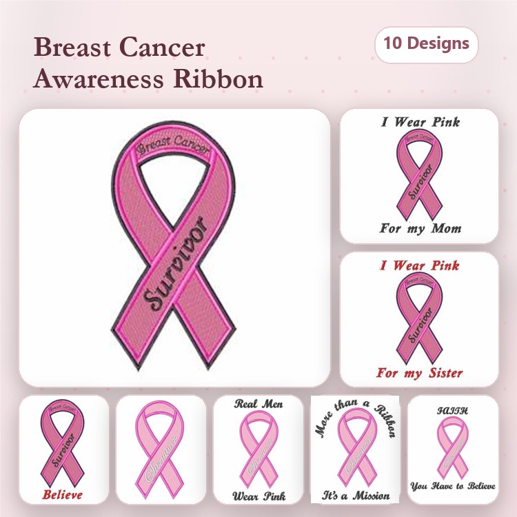 Breast Cancer Awareness Ribbons Embroidery Designs Bundle – Survivor, I Wear Pink for my Mom, Hope & More (10 Designs)