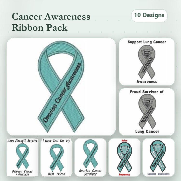 Cancer Awareness Ribbons Embroidery Designs Bundle – Ovarian Cancer Awareness, Prostate Cancer Awareness, Support Lung Cancer & More (10 Designs)