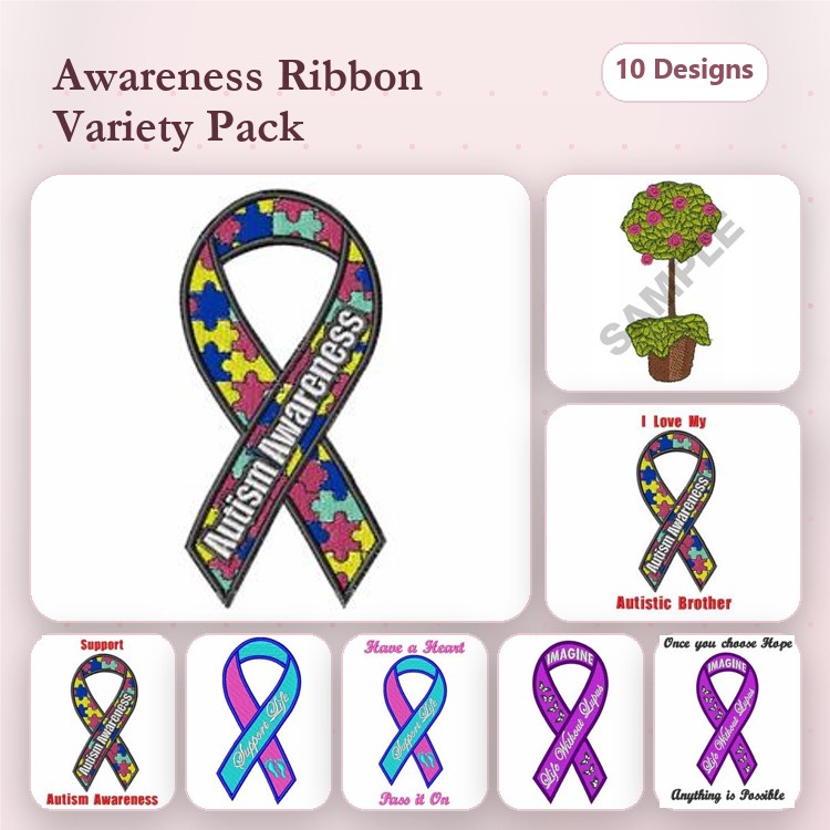 Awareness Ribbons Embroidery Designs Bundle – Autism Awareness Ribbon, Support Ribbon, Heart Ribbon & More (10 Designs)