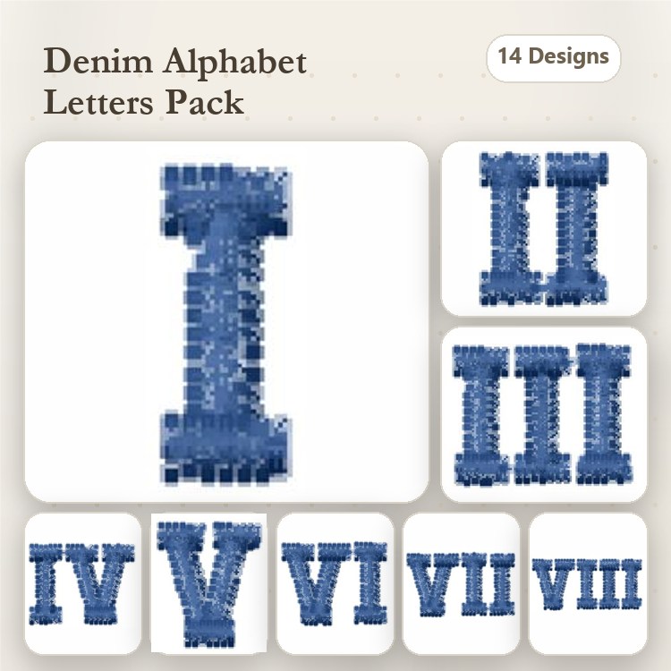 Denim Alphabet Letters Embroidery Designs Bundle – Denim Letter I, Denim Letter II, Denim Letter III & More (14 Designs)