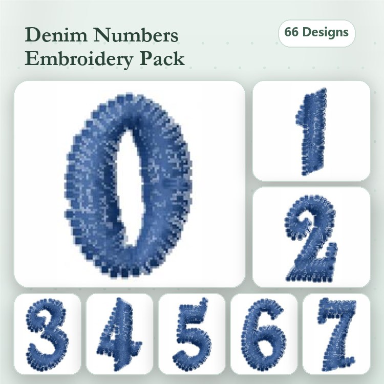 Denim-Themed Numbers Embroidery Designs Bundle – Number 0, Number 1, Number 2, Number 3 & More (66 Designs)