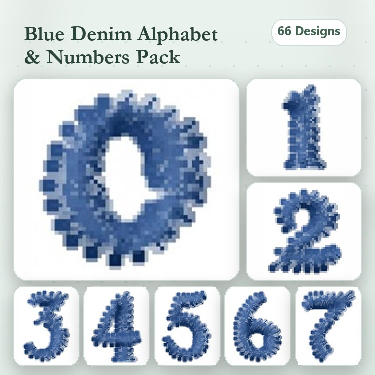 Denim Alphabet & Numbers Embroidery Bundle – Blue Denim Letter O, Blue Denim Number 1, Number 2 & More (66 Designs)