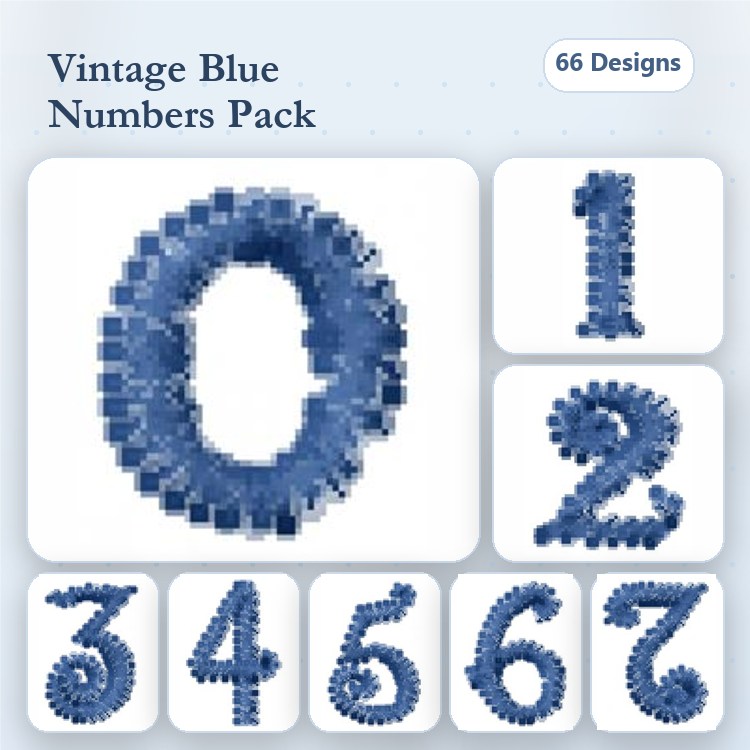 Vintage Blue Numbers Embroidery Designs Bundle – Zero, One, Two, Three & More (66 Designs)