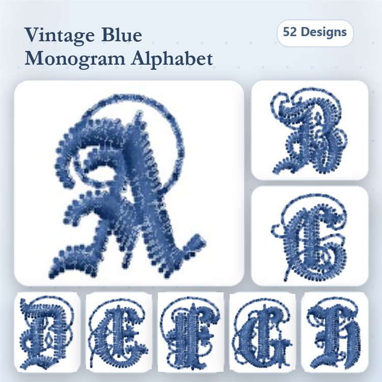 Vintage Blue Monogram Alphabet Embroidery Designs Bundle – Monogram A, Monogram B & More (52 Designs)