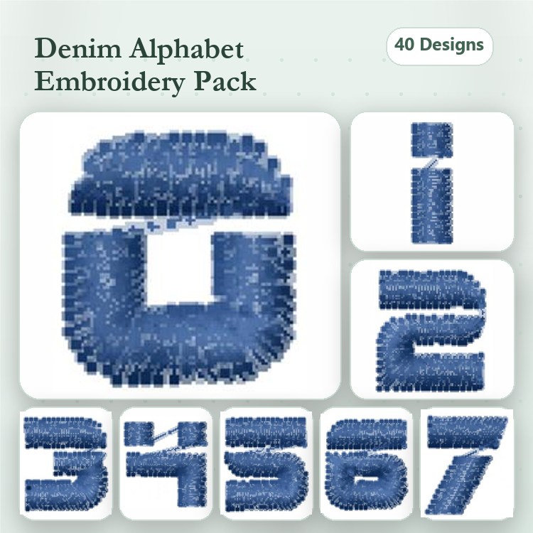 Denim Alphabet Characters Embroidery Bundle – Letter G, Letter I, Number 2 & More (40 Designs)