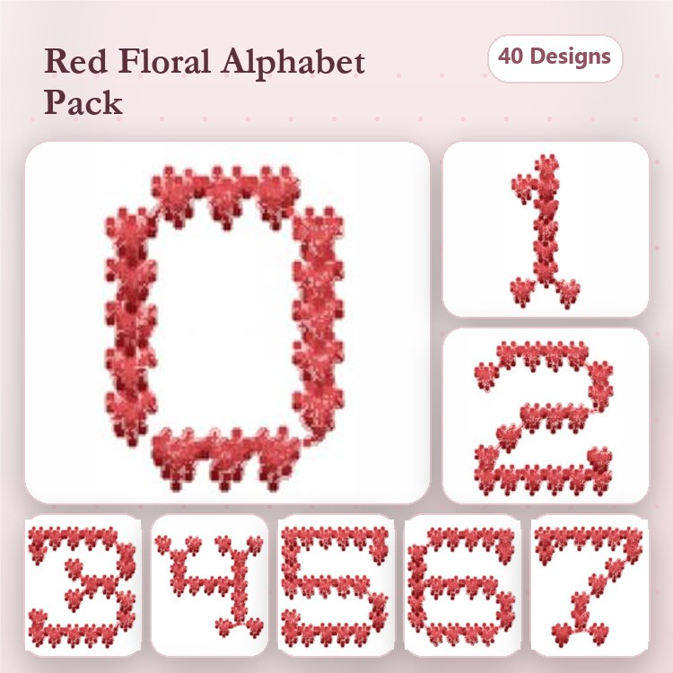 Floral Numbers Embroidery Designs Bundle – Red Floral Number 0, Red Floral Number 1, Red Floral Number 2 & More (40 Designs)