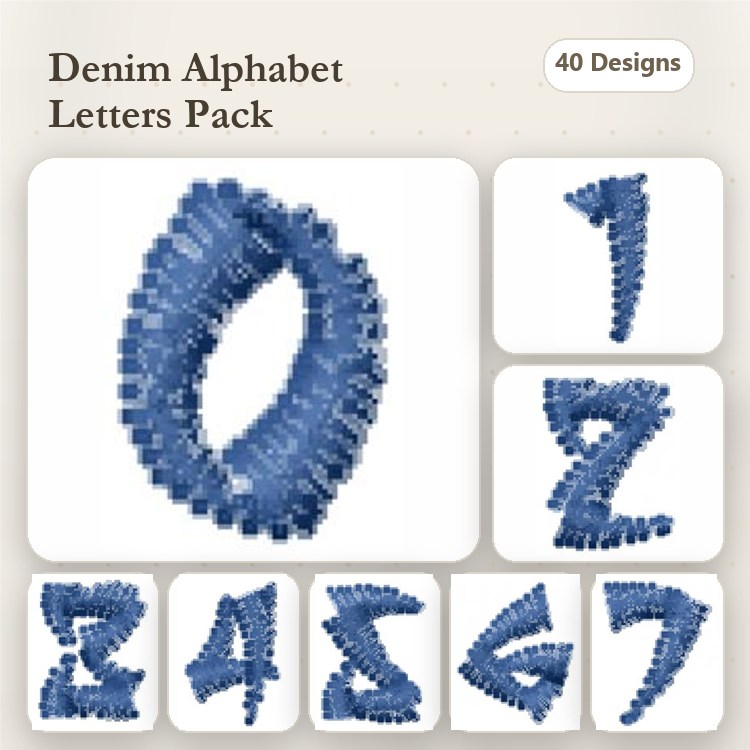 Denim Alphabet Letters Embroidery Designs Bundle – Denim Letter O, Denim Letter 1, Denim Letter 2 & More (40 Designs)