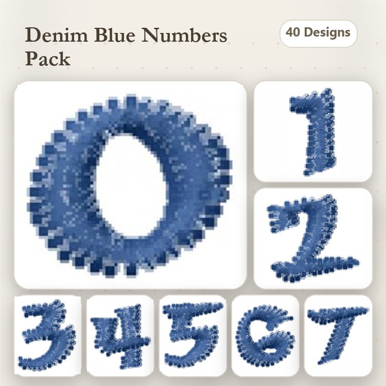 Denim Blue Numbers Embroidery Designs Bundle – Number 0, Number 1, Number 2 & More (40 Designs)