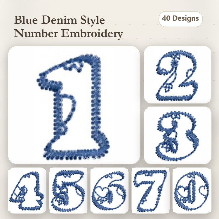 Denim Style Numbers Embroidery Designs Bundle – Number 0, Number 1, Number 2, Number 3 & More (40 Designs)