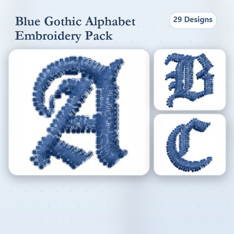 Blue Gothic Alphabet Embroidery Designs Bundle – Gothic Letter A, B, C & More (29 Designs)