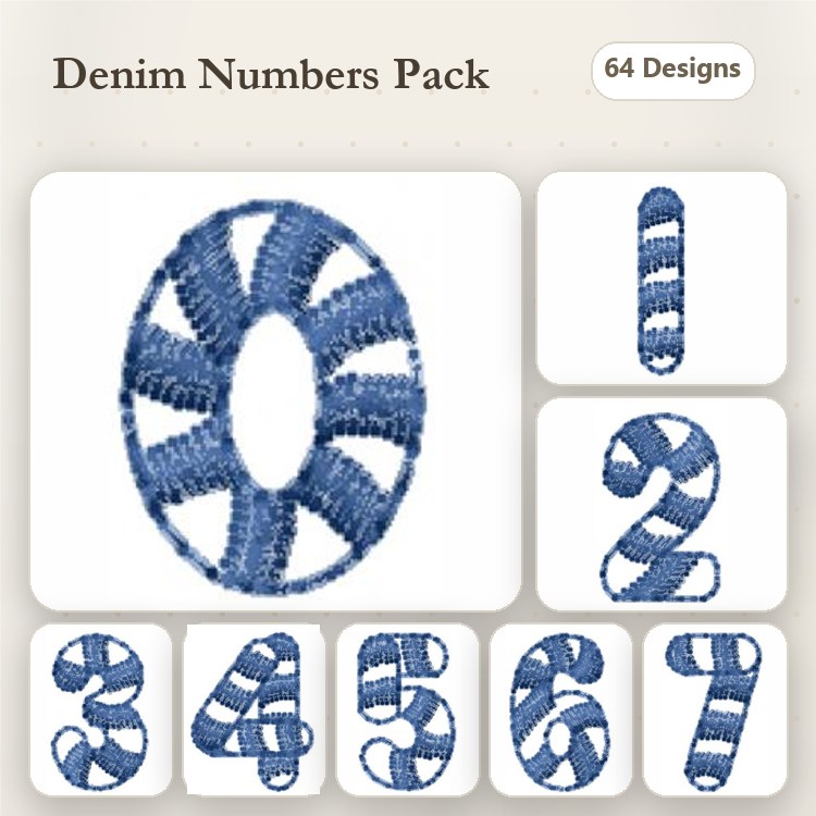 Denim-Themed Numbers Embroidery Designs Bundle – Number 0, Number 1, Number 2 & More (64 Designs)