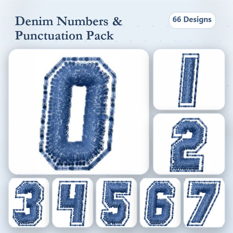 Denim Numbers & Punctuation Embroidery Designs Bundle – Denim Number 0, Denim Number 1, Denim Punctuation & More (66 Designs)