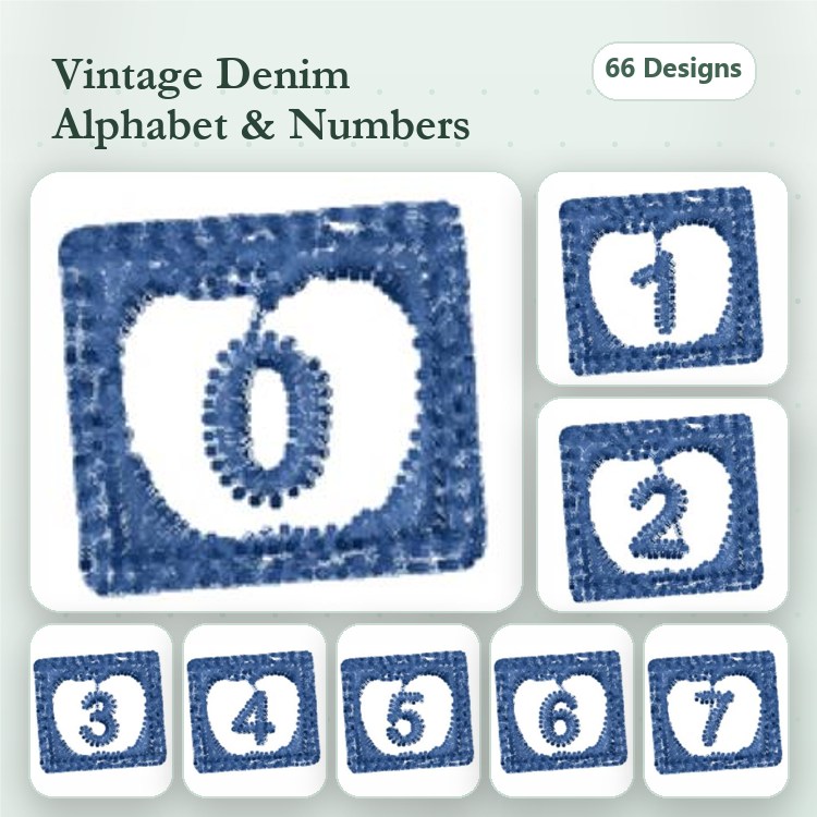 Denim Alphabet & Numbers Embroidery Designs Bundle – Denim Number 0, Denim Number 1, Denim Number 2 & More (66 Designs)