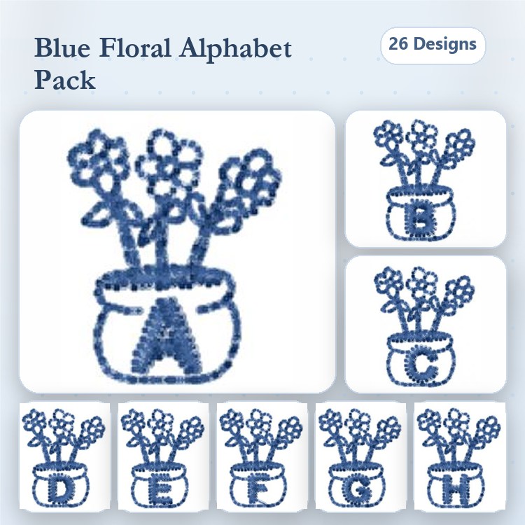 Floral Alphabet Embroidery Designs Bundle – Flower Pot with Letter A, Flower Pot with Letter B, Flower Pot with Letter C & More (26 Designs)