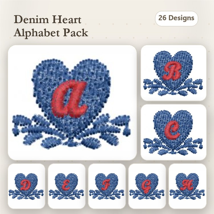 Denim Heart Alphabet Embroidery Designs Bundle – Heart with A, Heart with B, Heart with C & More (26 Designs)