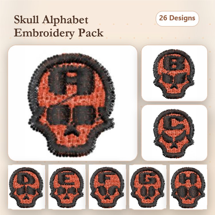 Applique Skull Alphabet Embroidery Designs Bundle – Skull A, Skull B, Skull C & More (26 Designs)