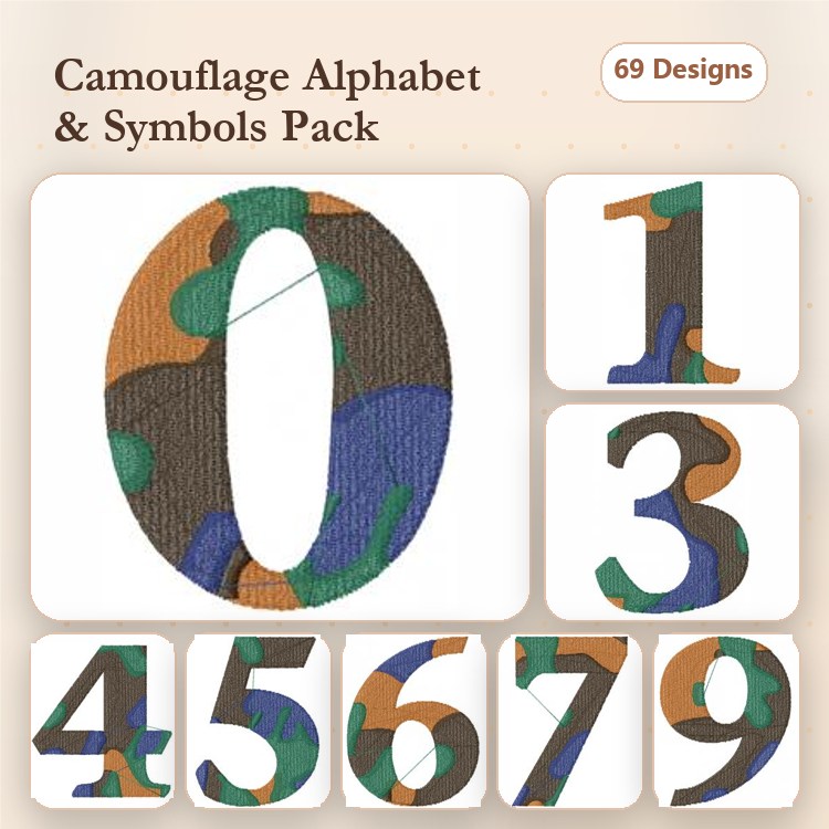 Camouflage Alphabet Embroidery Designs Bundle – Camouflage Number 0, Camouflage Number 1, Camouflage Number 2 & More (69 Designs)