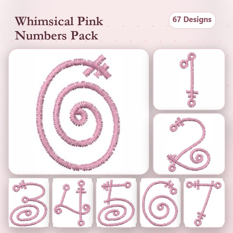 Whimsical Pink Numbers Embroidery Designs Bundle – Number 1, Number 2, Number 3 & More (67 Designs)