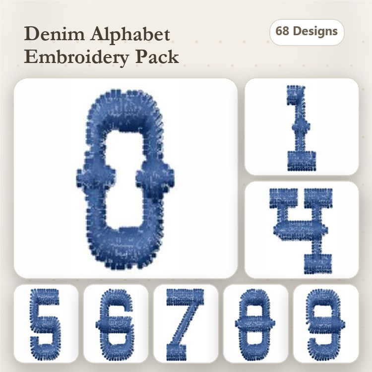 Denim Alphabet Embroidery Designs Bundle – Number 0, Number 1, Number 4 & More (68 Designs)