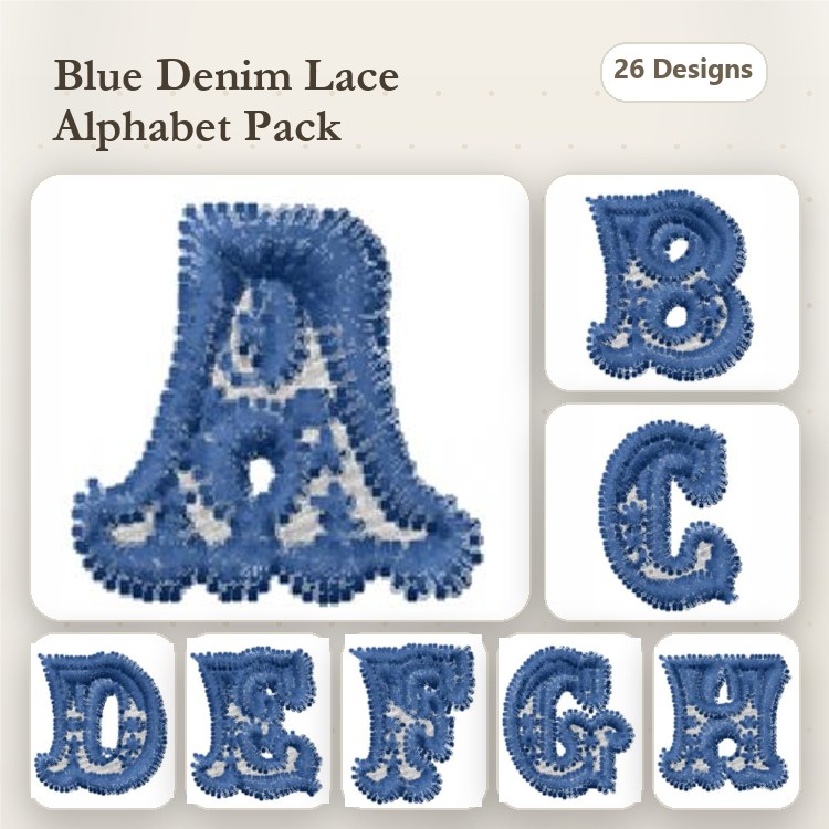 FSL Blue Denim Lace Alphabet Embroidery Designs Bundle – Lace Letter A, Lace Letter B, Lace Letter C & More (26 Designs)