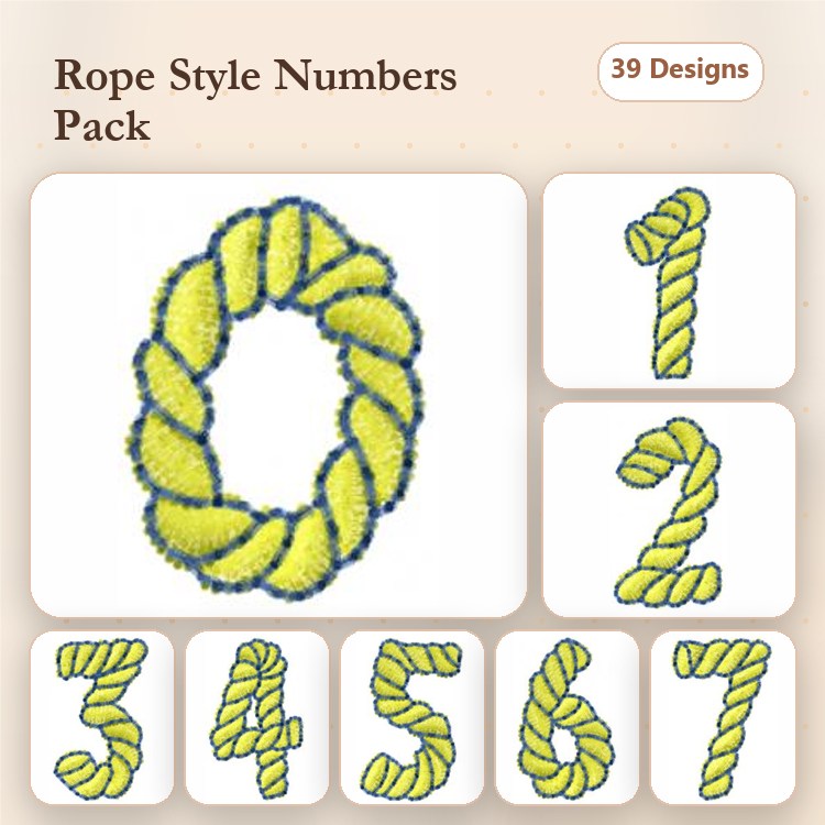 Rope Style Numbers Embroidery Designs Bundle – Rope Number 0, Rope Number 1, Rope Number 2 & More (39 Designs)