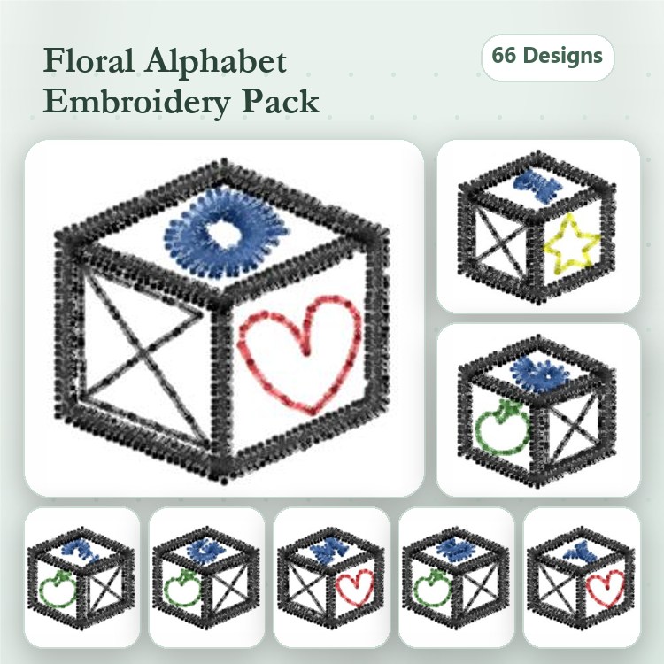 Floral Alphabet Block Embroidery Designs Bundle – Heart, Star, Circle, Flower & More (66 Designs)
