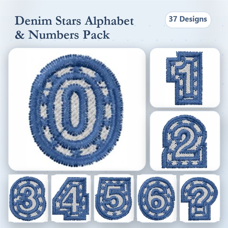 Denim Star Numbers & Alphabet Embroidery Bundle – Denim Star Number 0, Denim Star Number 1, & More (37 Designs)