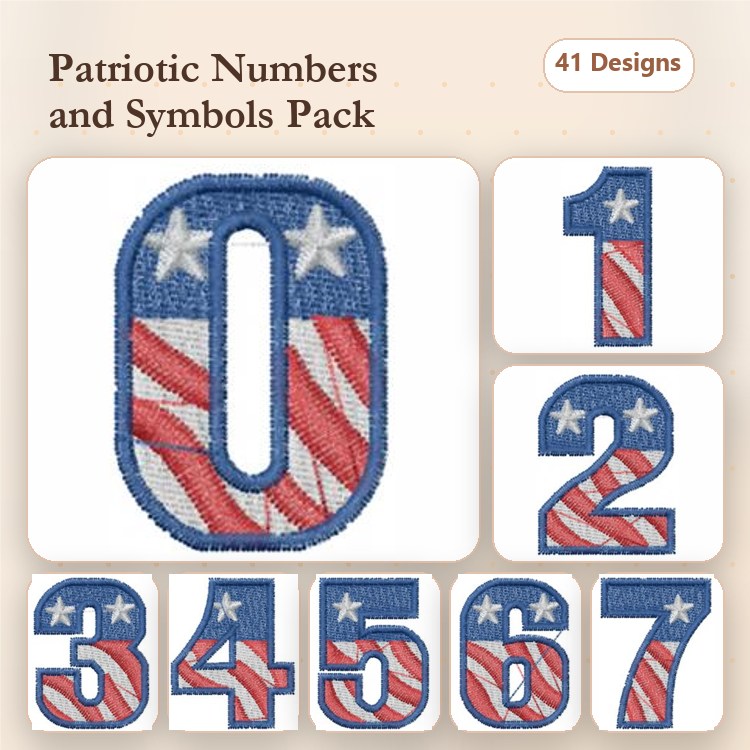 Patriotic Numbers Embroidery Designs Bundle – 0 with Stars and Stripes, 1 with Stars and Stripes, 2 with Stars and Stripes & More (41 Designs)