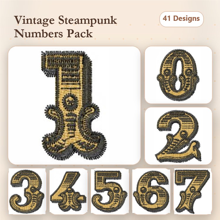 Vintage Steampunk Numbers Embroidery Designs Bundle – Number 0, Number 1, Number 2, Number 3 & More (41 Designs)