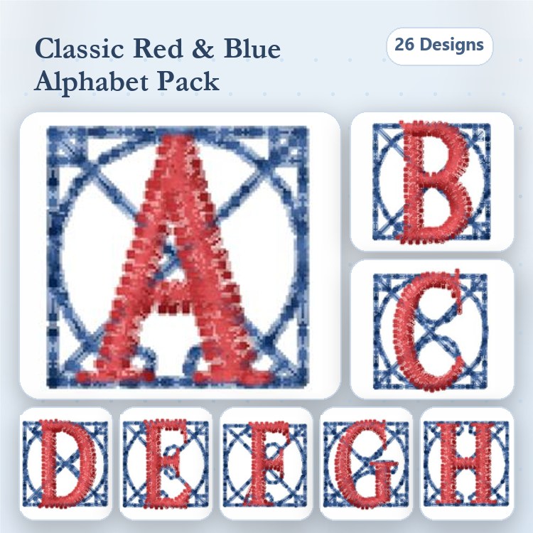 Alphabet Letters Embroidery Bundle – Red & Blue Letters A through H & More (26 Designs)