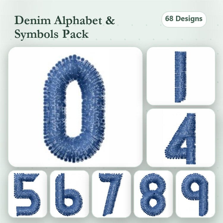 Denim Alphabet & Numbers Embroidery Designs Bundle – Number 0, Number 1, Number 4 & More (68 Designs)