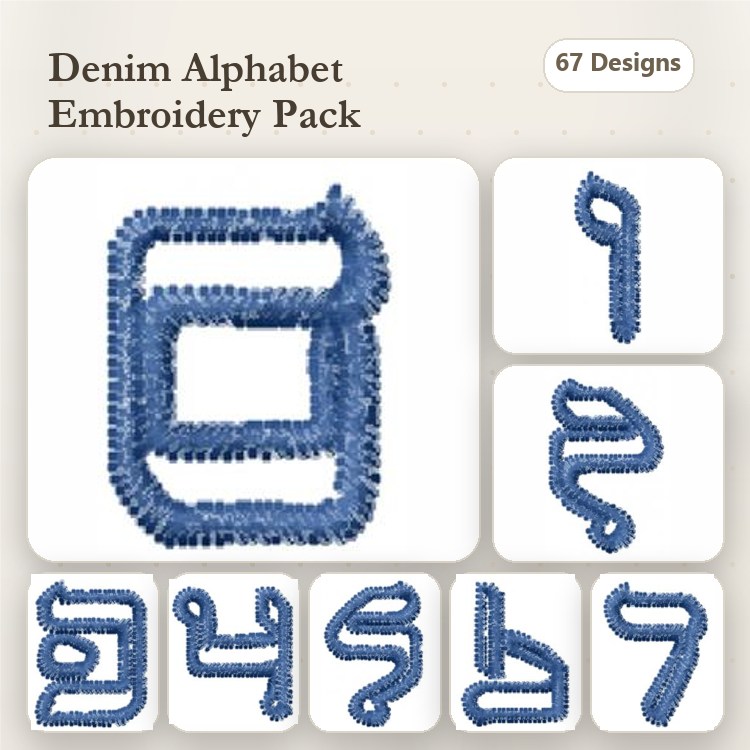 Denim Alphabet Embroidery Bundle – Letters A-Z, Numbers 0-9 & More (67 Designs)