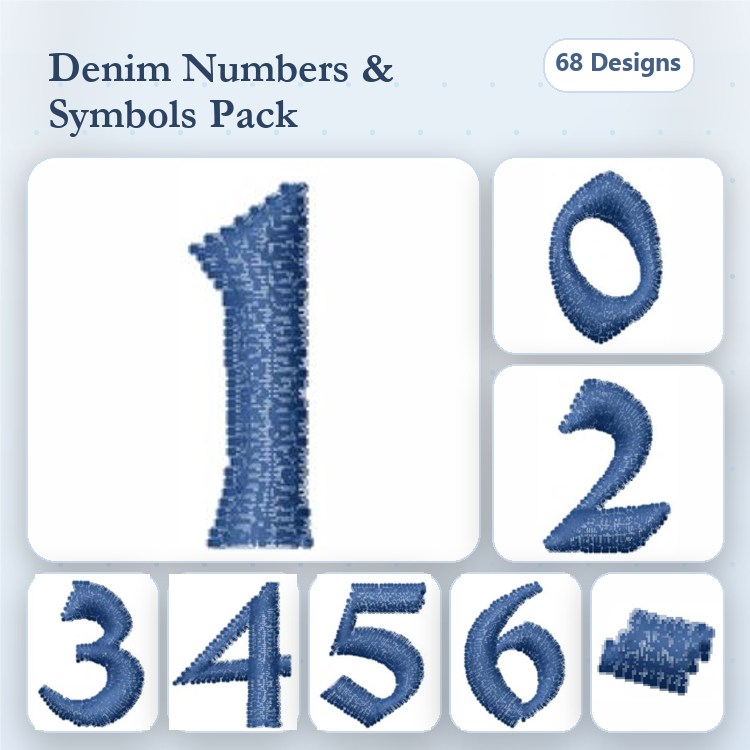 Denim Numbers & Symbols Embroidery Bundle – Number 0, Number 1, Number 2, Number 3 & More (68 Designs)