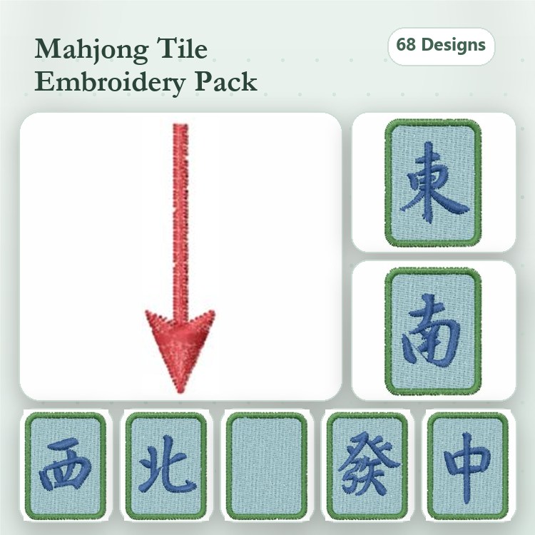 Mahjong Tiles Embroidery Designs Bundle – East, South, West, North & More (68 Designs)