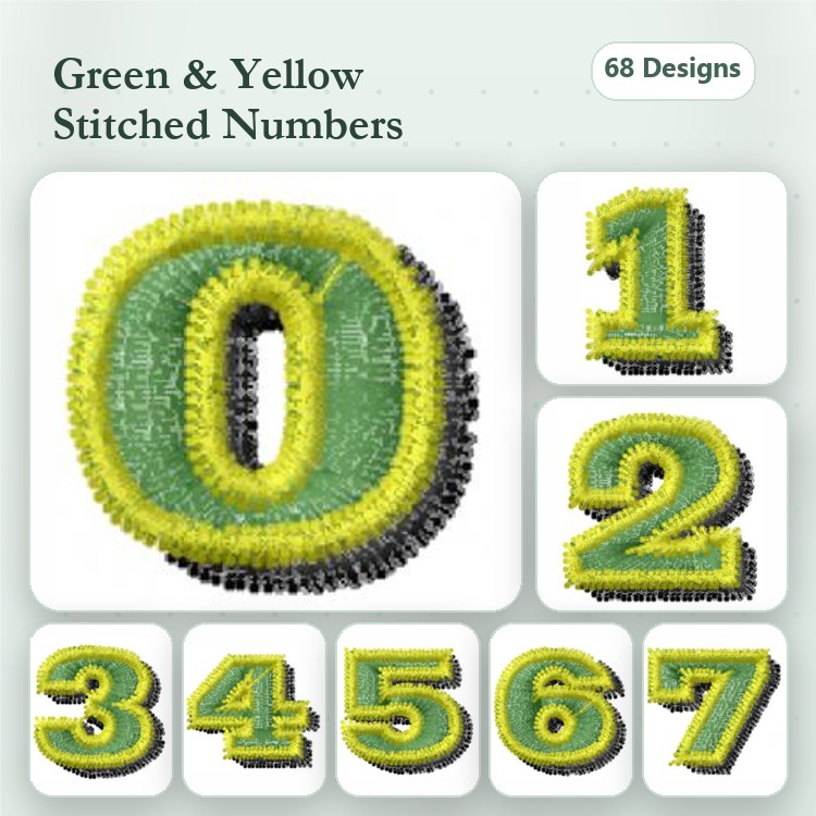 Stitched Numbers Embroidery Designs Bundle – Green and Yellow Stitched Number 0, 1, 2, 3, 4 & More (68 Designs)