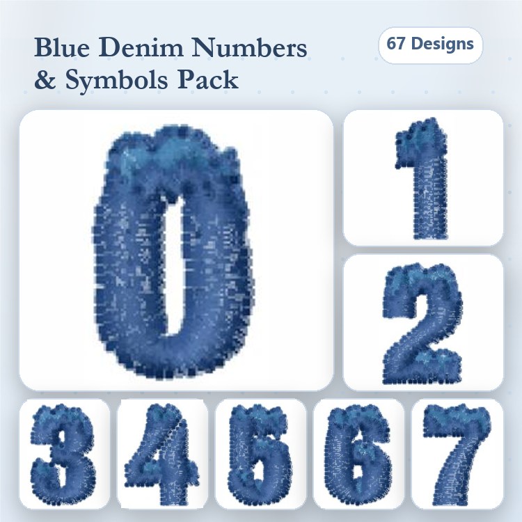 Denim Numbers & Symbols Embroidery Bundle – Number 0, Number 1, Number 2, Number 3 & More (67 Designs)