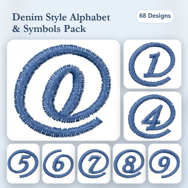 Denim Style Alphabet Embroidery Designs Bundle – Denim Style Number 1, Number 2, Symbol @ & More (68 Designs)