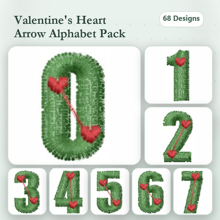 Valentine's Themed Alphabet Embroidery Designs Bundle – Number 0 with Hearts, Number 1 with Hearts, Number 2 with Hearts & More (68 Designs)