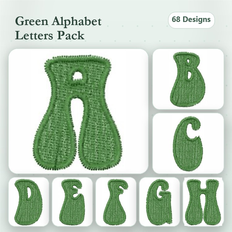 Applique Alphabet Letters Embroidery Bundle – Green Letter A, Green Letter B, Green Letter C & More (68 Designs)