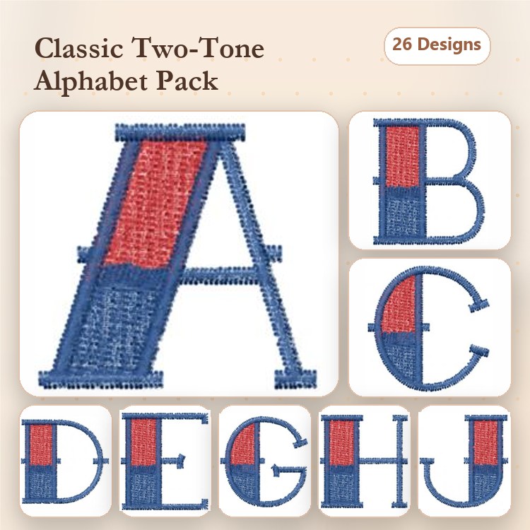 Two-Tone Alphabet Letters Embroidery Designs Bundle – A, B, C, D, E, G, H, J & More (26 Designs)