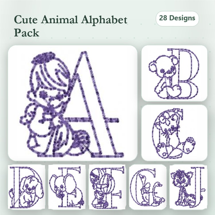 Bird, Teddy Bear & Animal Alphabet Embroidery Bundle – Letters A to G (28 Designs)