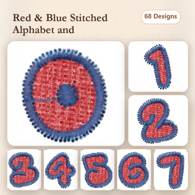 Red and Blue Stitched Alphabet Embroidery Designs Bundle – Red and Blue Number 1, Red and Blue Number 2, Red and Blue Number 3 & More (68 Designs)
