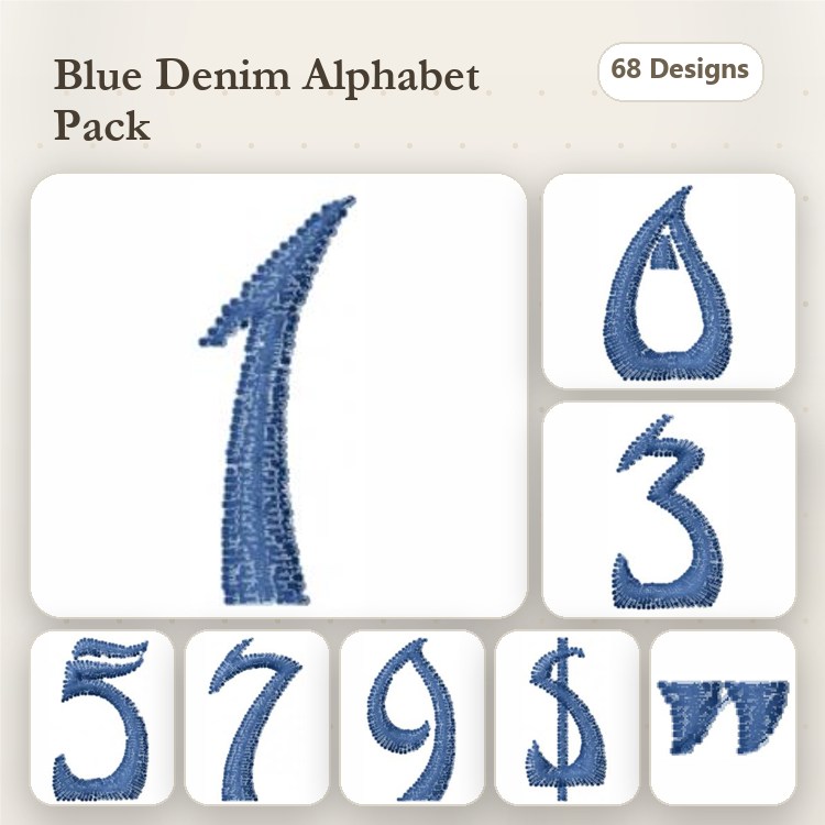 Denim Alphabet Embroidery Designs Bundle – Numbers, Dollar Sign & More (68 Designs)