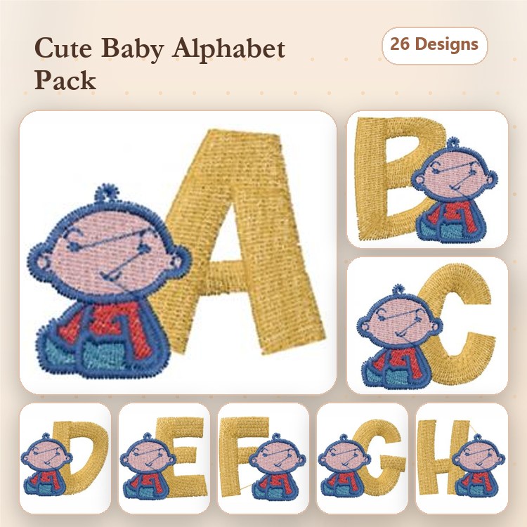 Baby Alphabet Characters Embroidery Designs Bundle – A with Baby Character, B with Baby Character, C with Baby Character & More (26 Designs)