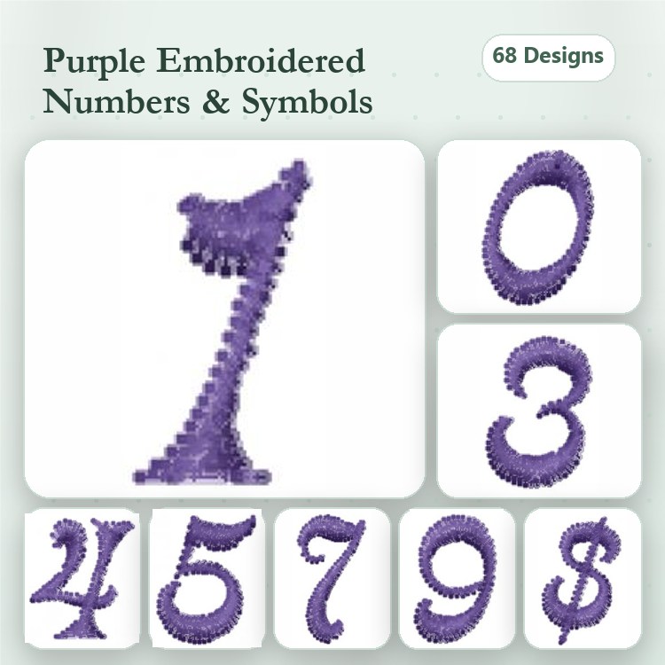 Purple Embroidered Numbers & Symbols Embroidery Designs Bundle – Number 0, Number 1, Dollar Symbol & More (68 Designs)