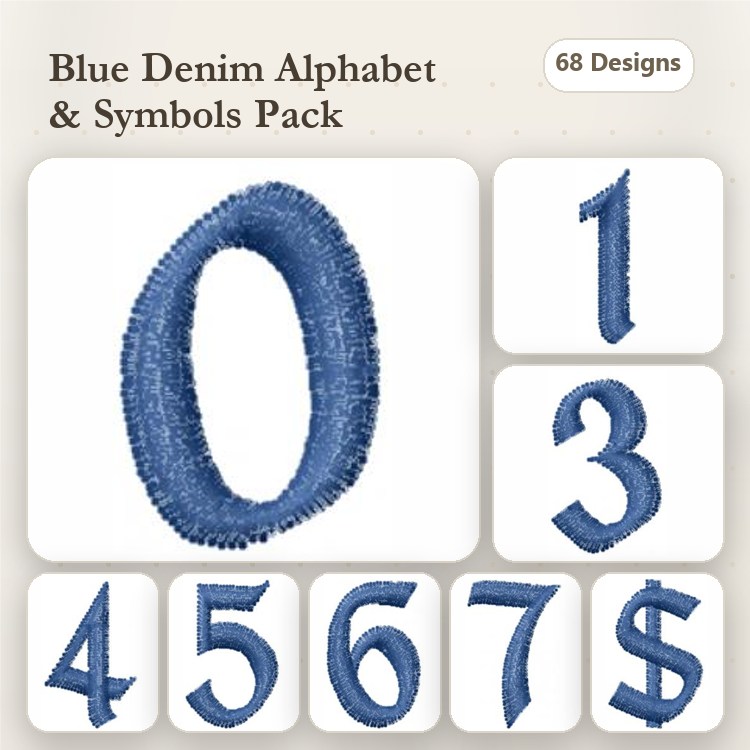 Denim Alphabet & Symbols Embroidery Bundle – Blue Denim Numbers 0-7, Dollar Sign & More (68 Designs)