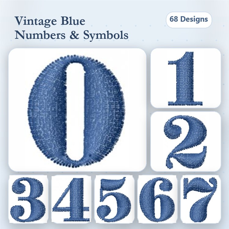 Numbers & Symbols Embroidery Designs Bundle – Vintage Blue 0, 1, 2, 3 & More (68 Designs)