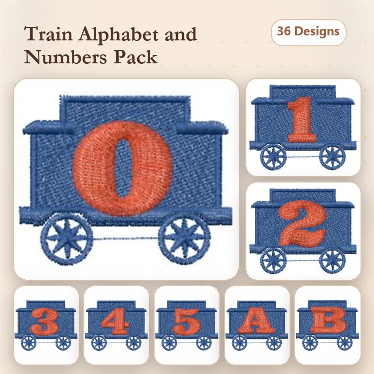 Train Cart Embroidery Designs Bundle – Train Cart with 0, Train Cart with 1, Train Cart with 2 & More (36 Designs)