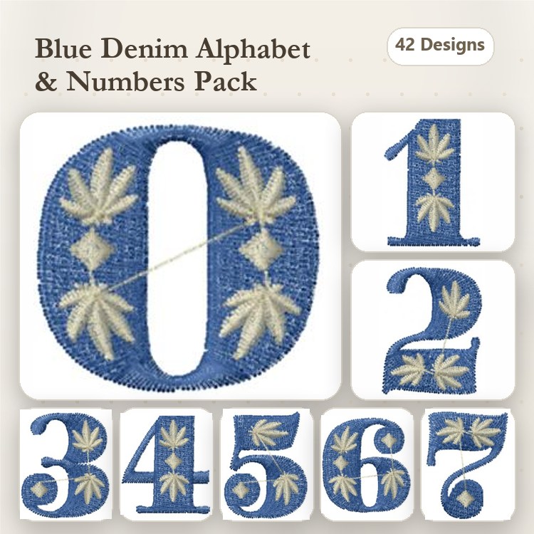 Denim Alphabet and Numbers Embroidery Designs Bundle – 0, 1, 2, 3 & More (42 Designs)